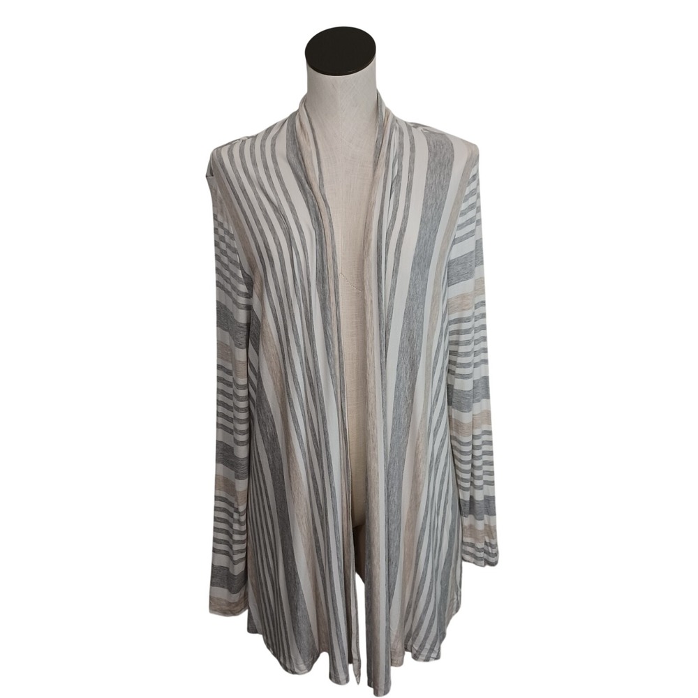 Soft Surroundings Striped Open Front Cardigan Grey White Tan Long Sleeve Medium